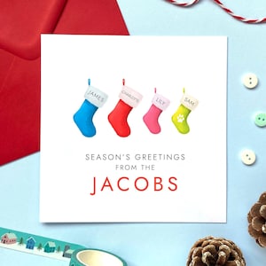 Personalised Stockings Family Christmas Card | Pack of 5, 10 | From All of Us, From Family, Surname, Name, Xmas Cards, Seasons Greetings