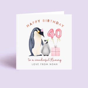 Carte personnalisée du 40e anniversaire de pingouins pour maman, d'un enfant, deux enfants ou trois enfants, maman, maman, maman, maman, noms personnalisés