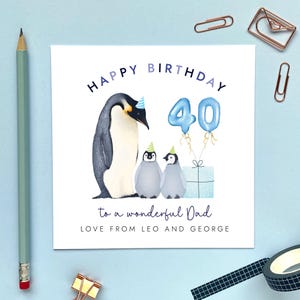 Carte d'anniversaire pingouins pour papa de deux enfants, personnalisée, lui, grand-père, grand-père, grand-père, grand-père, tout âge - 40ème 30ème 50ème 60ème 70ème