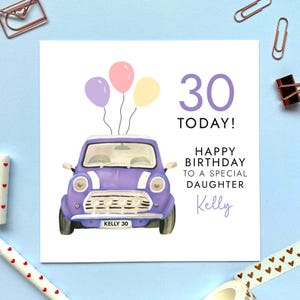 Carte d'anniversaire personnalisée pourpre pour tous les âges avec voiture classique | Pour elle, fille, fille, petite-fille, nièce, tante | 21 30 40 50