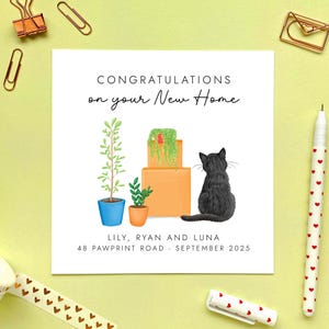 Katze neues Zuhause Karte, gerade umgezogenes Haus, für Freunde, Paar, Tochter, Sohn, Enkelin, Enkel, Mama, Papa, Eltern, personalisiert