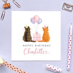 Custom Cats Birthday Card for Her, Friend, Daughter, Granddaughter, Niece, Mum, Auntie, Sister, Girl, Girlfriend, Wife, Personalised, Name