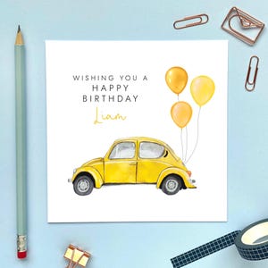 Carte d'anniversaire jaune personnalisée de voiture classique | Pour lui, fils, petit-fils, neveu, beau-frère, petit ami, elle, fille, petite-fille
