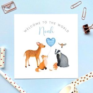 Carte de naissance personnalisée pour garçon, bienvenue dans ce monde, nouveau-né, petit-fils, animaux de la forêt, prénom bleu personnalisé, né en 2025