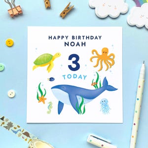 Carte d'anniversaire personnalisée Sealife pour garçon, troisième carte d'anniversaire personnalisée pour fils, petit-fils, neveu, cousin, filleul, océan, animaux marins