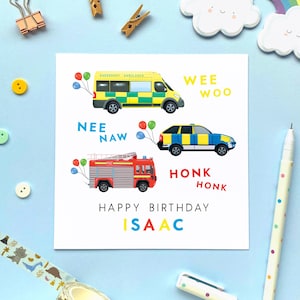 Carte d'anniversaire pour garçon, carte de services d'urgence personnalisée pour fils, petit-fils, neveu, voiture de police, ambulance, 1er 2 3e 4e 5e