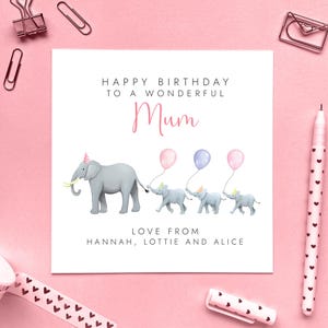 Personalisierte Elefant-Geburtstagskarte für Mama von 3 Kindern | Mom, Mam, Mummy, Mommy, Grandma, Gran, Nan, Nanny, 50er 60er 70er 80er 90er
