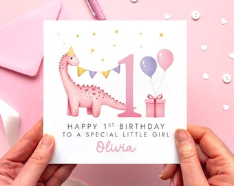 Personalised 1st Birthday Card for Girl, Dinosaur Theme | Daughter, Granddaughter, Niece, Sister, Goddaughter, Cousin
