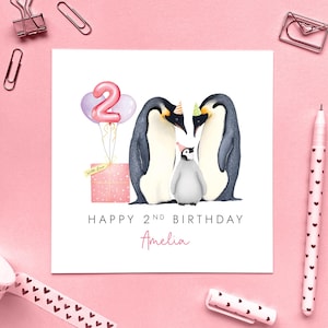 2e carte d'anniversaire personnalisée de pingouin pour fille, deuxième carte d'anniversaire personnalisée pour fille, petite-fille, nièce, filleule, bébé, 2 aujourd'hui