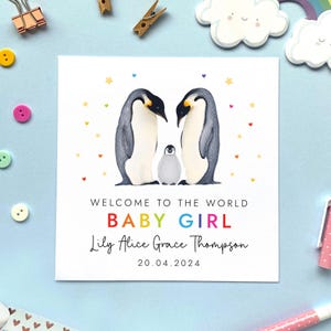 Personalisierte Pinguine neues Baby Karte | Herzlichen Glückwunsch, Junge, Mädchen, Tochter, Sohn, Für Freunde, Familie, neue Eltern, Nichte, Neffe, Regenbogen