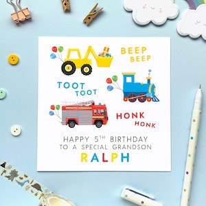 Carte personnalisée pour 5e anniversaire pour garçon, fils, petit-fils, frère, neveu, gosses, enfants, excavateur, train, camion de pompiers, véhicules, voitures, cinquième 5
