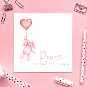 Hase New Baby Karte für Mädchen personalisiert | Willkommen auf der Welt, Neugeborenes Baby Mädchen, der Kleine, Geschenk, Neugeborenes Rosa, Name, Andenken, Kaninchen