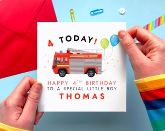 Tarjeta de cumpleaños personalizada con diseño de camión de bomberos para niño/hijo, nieto, sobrino, hermano, primo o ahijado.