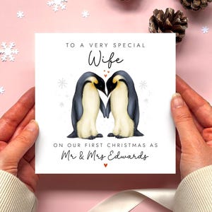 A personalised christmas card for special wife on our first christmas as mr and mrs. It can be personalised with the surname.