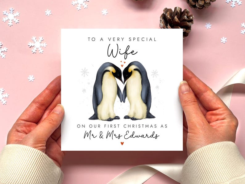 A personalised christmas card for special wife on our first christmas as mr and mrs. It can be personalised with the surname.