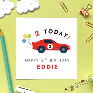 2e carte d'anniversaire personnalisée de voiture de course pour garçon, carte personnalisée 2 aujourd'hui : fils, petit-fils, frère, neveu, enfants, enfants, cousin, filleul, rouge