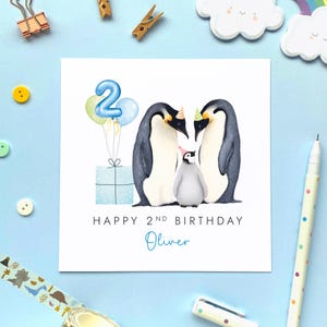 2e carte d'anniversaire personnalisée de pingouin pour garçon, deuxième carte d'anniversaire personnalisée pour fils, petit-fils, neveu, filleul enfant 2 aujourd'hui bleu nom personnalisé