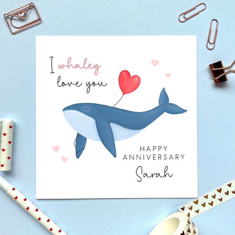 Personalised Whale Anniversary Card Funny, Cute, For Him, Her, Boyfriend, Girlfriend, Fiance, Fiancee, Husband, Wife, Romantic 1st 2nd 3rd image 1