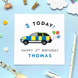 Carte d'anniversaire personnalisée pour garçon, 3e anniversaire de voiture de police, 3 cartes d'anniversaire personnalisées pour petit-fils, fils, neveu, frère, filleul, enfants, policier bleu