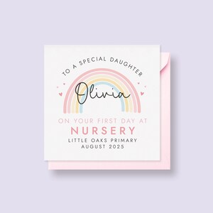 Erster Tag im Kindergarten Karte für Mädchen, Tochter, Enkelin, Nichte, Schwester, Grundschule, Schule, Sekundarstufe, personalisiert, Name, Regenbogen, rosa
