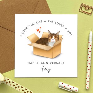 Personalised Tabby Cat in a Box Anniversary Card | For Husband, Wife, Partner, Fiancé, Fiancée, Boyfriend, Girlfriend | Cute, Her, Him, 1st
