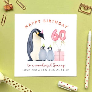 Carte d'anniversaire personnalisée pour grand-mère et pingouin et deux bébés | Pour grand-mère, grand-mère, grand-mère, grand-mère, arrière-grand-mère | 70e 80e 90e Tout âge