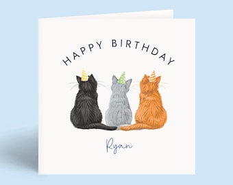 Personalised Cats Birthday Card for Him | Husband, Boyfriend, Son, Grandson, Brother, Nephew, Friend | Custom Name, Over 60+ Cat Designs