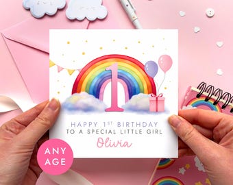 Personalised Rainbow Birthday Card for Girl | Any Age with Name | Daughter, Granddaughter, Niece, Goddaughter