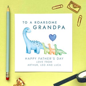 Dinosaurs Fathers Day Card for Grandad, Grandpa, Pops, Gramps, Granda, Pa, Personalised Names, From Three Children, 3 Kids, Two 2 Child Baby