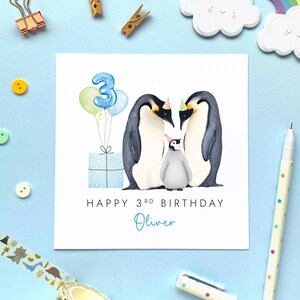 Personalisierte Pinguin 3.Geburtstagskarte für Jungen, benutzerdefinierte dritte Geburtstagskarte für Sohn, Enkel, Neffe, Patenkind, Kind 3 heute blauer benutzerdefinierter Name