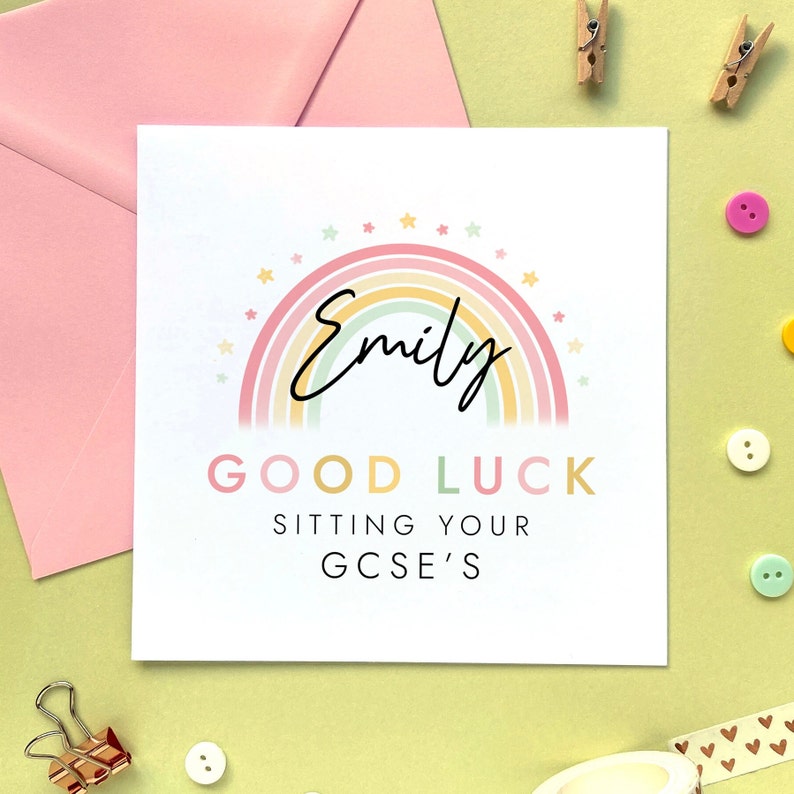 Personalised Rainbow Good Luck with your Exams Card for Girl | For Her, Daughter, Granddaughter, Niece, GCSEs, A Levels, University, SATs