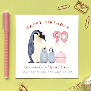 Carte d'anniversaire personnalisée du 90e anniversaire de deux bébés de style pingouin pour ma grand-mère | Pour grand-mère, grand-mère, grand-mère, grand-mère, grand-mère | 60e 70e 80e Tout âge