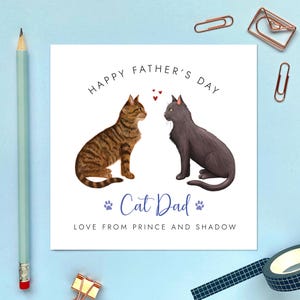 Carte de fête des pères chats personnalisée des chats, pour papa chat, mari, petit ami, 2 chatons, deux, tabby ragdoll noir gingembre, noms personnalisés
