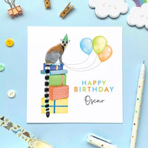 Carte d'anniversaire personnalisée lémurien pour garçon, enfant, fils, petit-fils, neveu, filleul, cousin, zoo, animal, safari, 1er 2e 3e 4e 5e 6e 7e