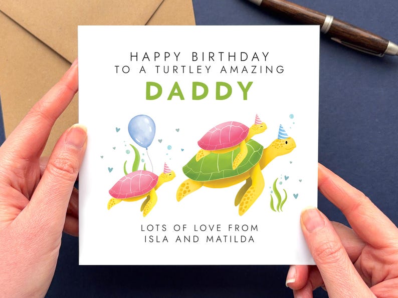 Personalised Turtles Birthday Card for Daddy | Dad, Dada, Papa, Pops, Grandad, Grandpa | Bday Card for Dad from Children 2 Children Both Pink