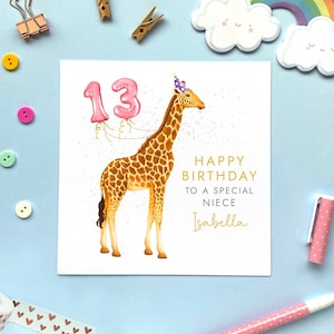 Personalisierte Giraffe Jedes Alter Geburtstagskarte für Mädchen | Tochter, Urenkelin, Nichte, Schwester, Freundin, Teenagerin | 10.13.16.17