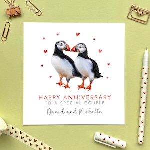 Carte d'anniversaire de macareux pour couple, personnalisé, amis, parents, maman et papa, fille et partenaire, fils, petite-fille, petit-fils, nièce