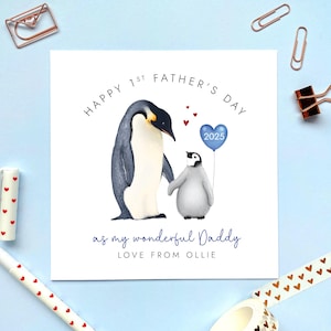 1ère carte de pingouins pour la fête des pères pour papa, papa, nouveau papa, grand-père, grand-père, papa, pops de bébé nouveau-né, première fête des pères personnalisée 2025