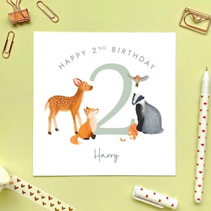 Carte d'anniversaire personnalisée pour garçon, fils, petit-fils, neveu, frère, filleul, bébé, deuxième deux 2 aujourd'hui, nom personnalisé des animaux de la forêt