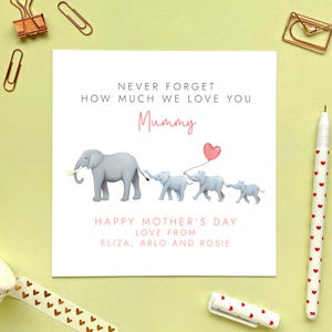 Personalisierte Elefanten Muttertagskarte für Mama | Mommy, Mum, Mom, Mam, Mama, Oma, Oma, Gran, Nan, Nana, von 3 Kindern, von 2 Kids