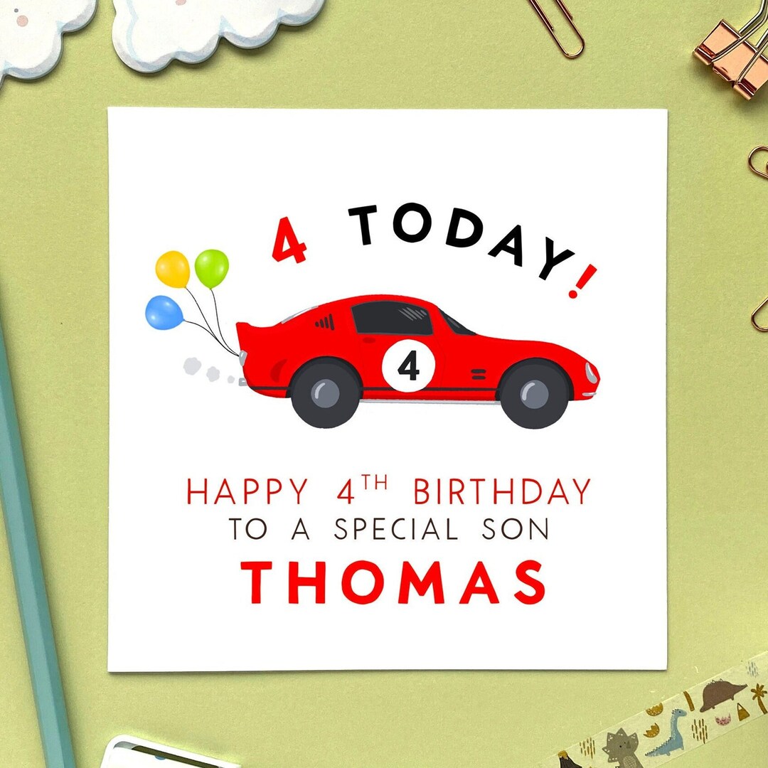 Personalised Race Car 4th Birthday Card for Boy, Son, Grandson, Brother ...