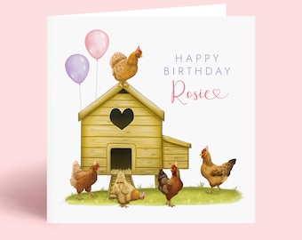 May include: A birthday card featuring a yellow chicken coop with a heart-shaped cutout, surrounded by chickens and two balloons. The text reads "Happy Birthday Rosie". The card has a white background and a pink border.