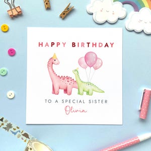 Personalisierte Dinosaurier-Geburtstagskarte für Schwester, individuelle Dino-Geburtstagskarte für große Sis, kleine Sis, Mädchen, Sie, jedes Alter 1.2.3.4.5