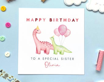 Carte d'anniversaire personnalisée dinosaure pour soeur, carte d'anniversaire dinosaure personnalisée pour grande soeur, petite soeur, fille, elle, tout âge 1er 2e 3e 4e 5e