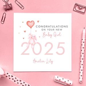 Carte personnalisée Lapin nouveau-né pour fille | Bienvenue dans le monde, nouveau-né fille, petit, cadeau, nouveau-né rose, nom, souvenir, 2025