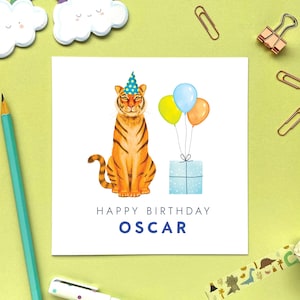Carte d'anniversaire personnalisée tigre pour garçon, fils, petit-fils, neveu, cousin, filleul, enfant, nom personnalisé, animal bleu de la jungle Safari, tout âge