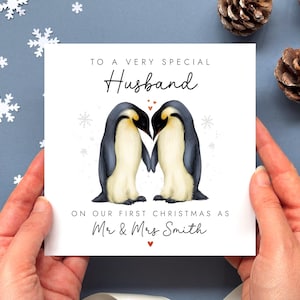 A personalised christmas card for special husband on our first christmas as mr and mrs. It can be personalised with the surname.