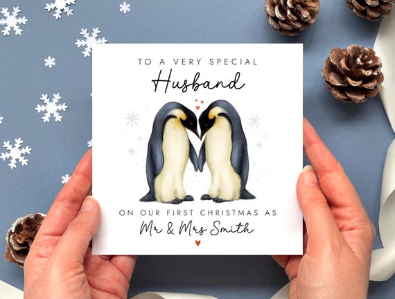 Personalised Our First Christmas as Mr & Mrs Card | Penguin Christmas Card for Husband or Wife, 1st Christmas Married
