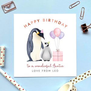 Carte d'anniversaire personnalisée tout âge pingouin pour tante | tante, tante, grande tante, de nièce, neveu | 30e 40e 50e 60e 70e 80e 90e
