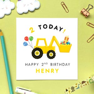 Digger 2nd Birthday Card for Boy, Personalised 2 Today Card for Son, Grandson, Brother, Nephew, Children, Baby, Cousin, Truck, Name Custom